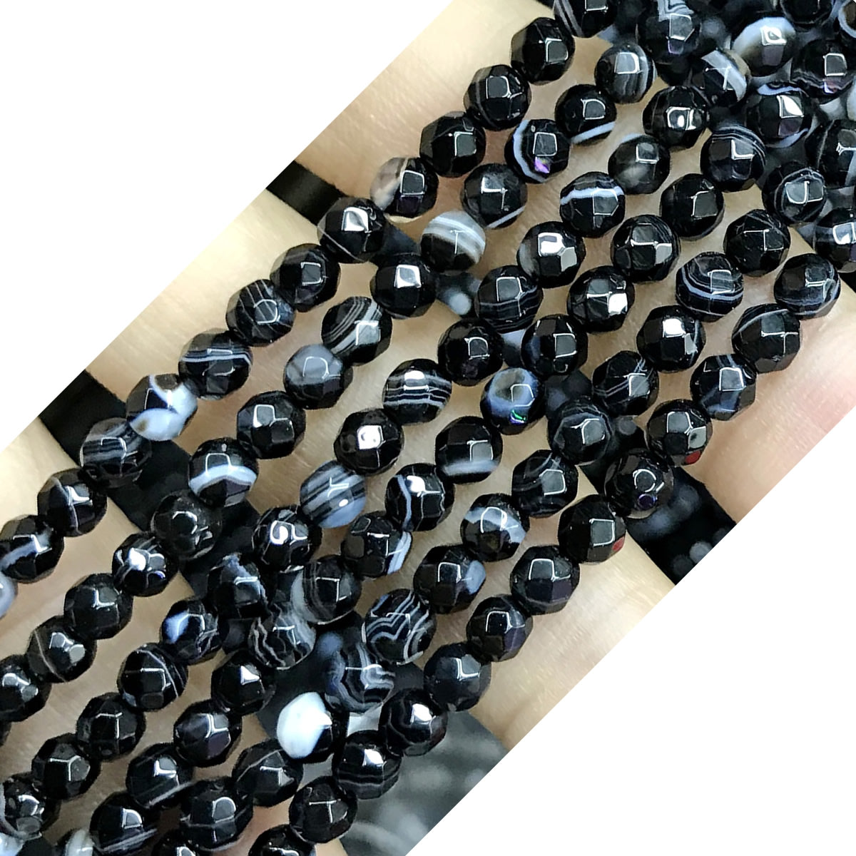 CAG483 Black Banded Agate Beads Faceted Round 4mm 15" Strand