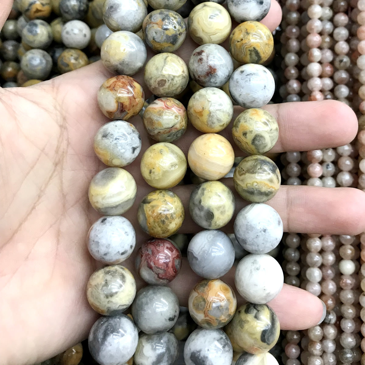 CAG534 Yellow Crazy Lace Agate Beads Smooth Round 12mm 15" Strand