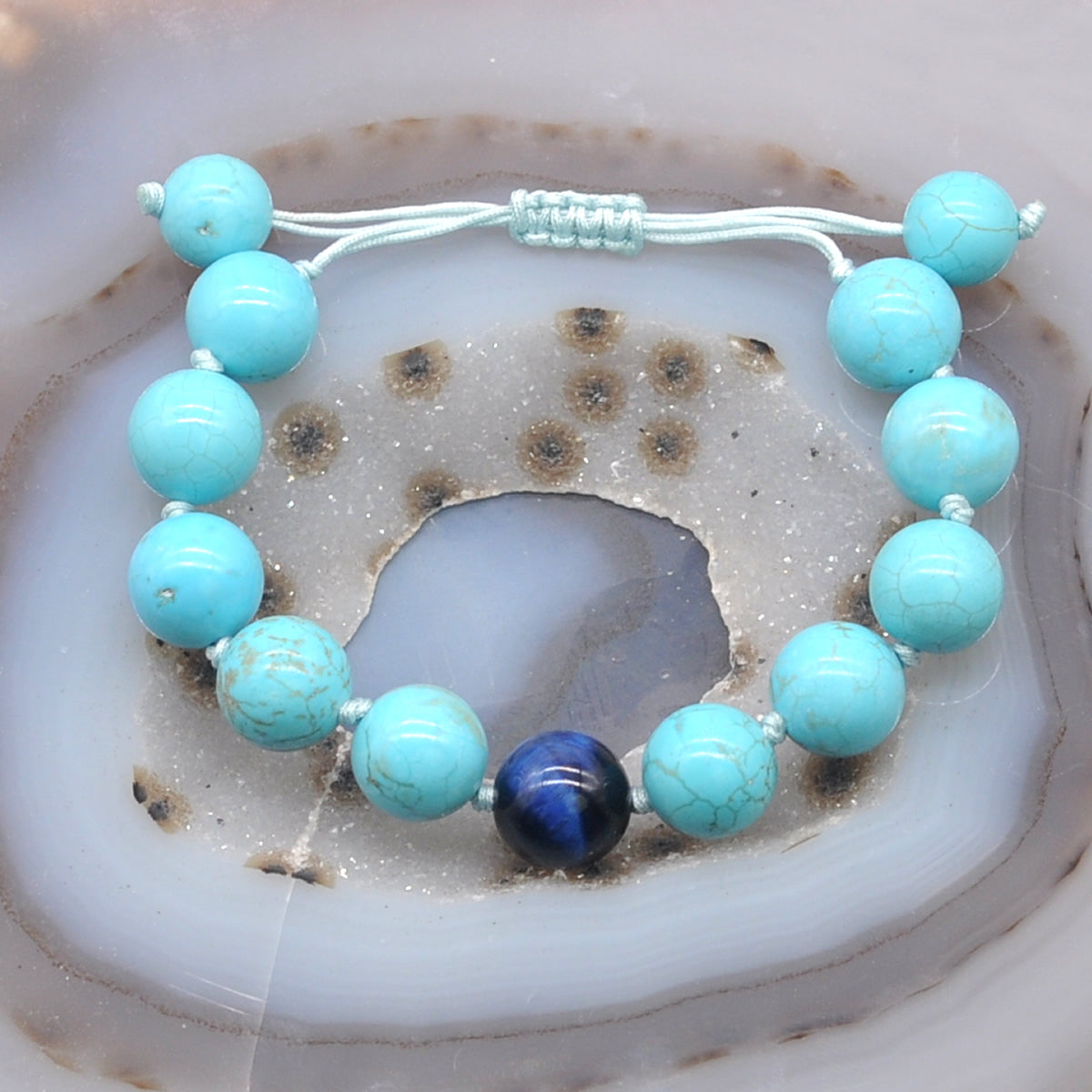 CGB375 Blue Howlite & Blue Tiger Eye Adjustable Bracelet Round 12mm