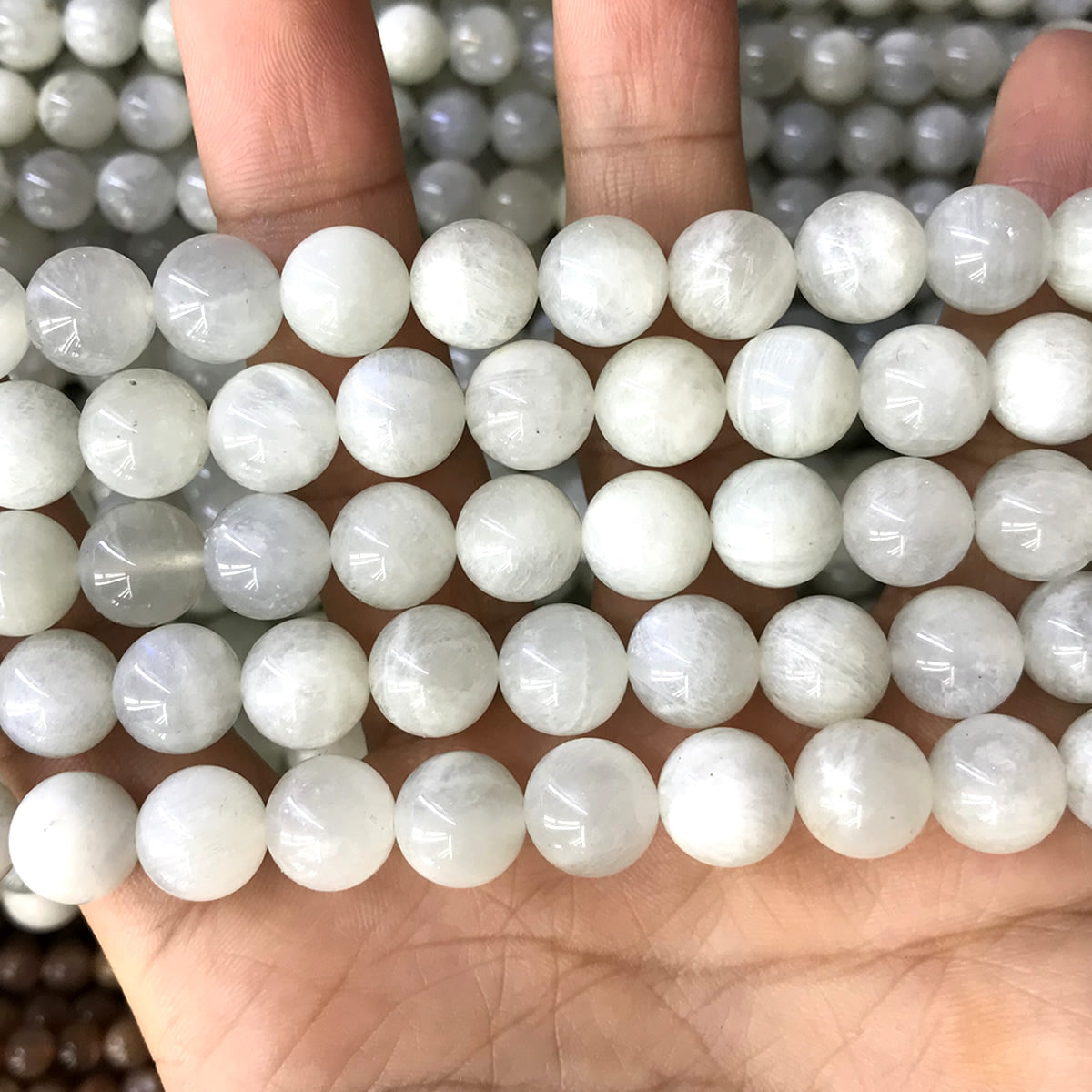 CMS132 White Moonstone Beads Smooth Round 10mm 15" Strand