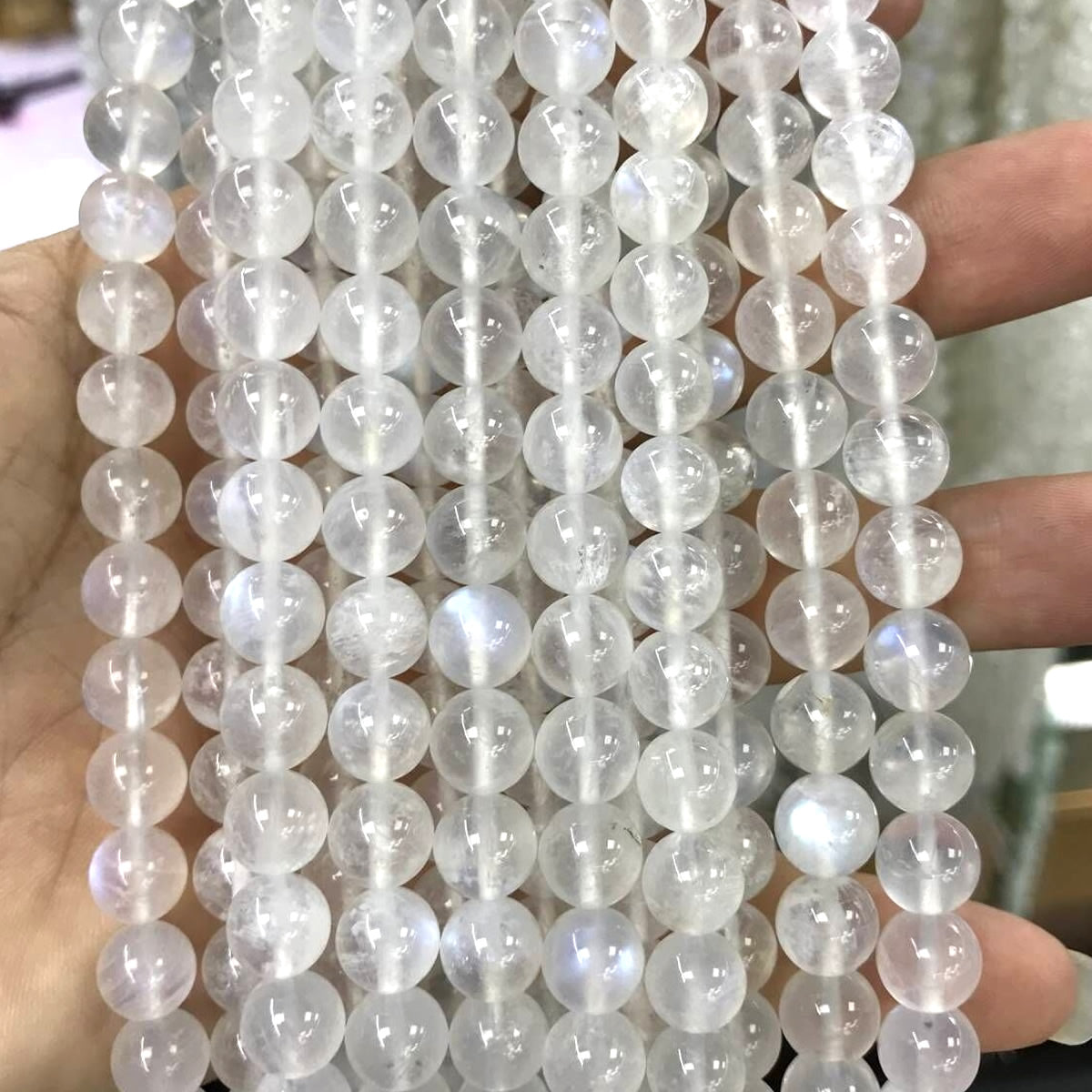 CMS137 White Moonstone Beads Smooth Round 10mm 15" Strand