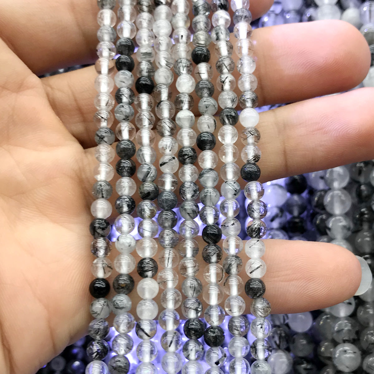 CAG233 Black Rutilated Quartz Beads Smooth Round 4mm 15.5" Strand
