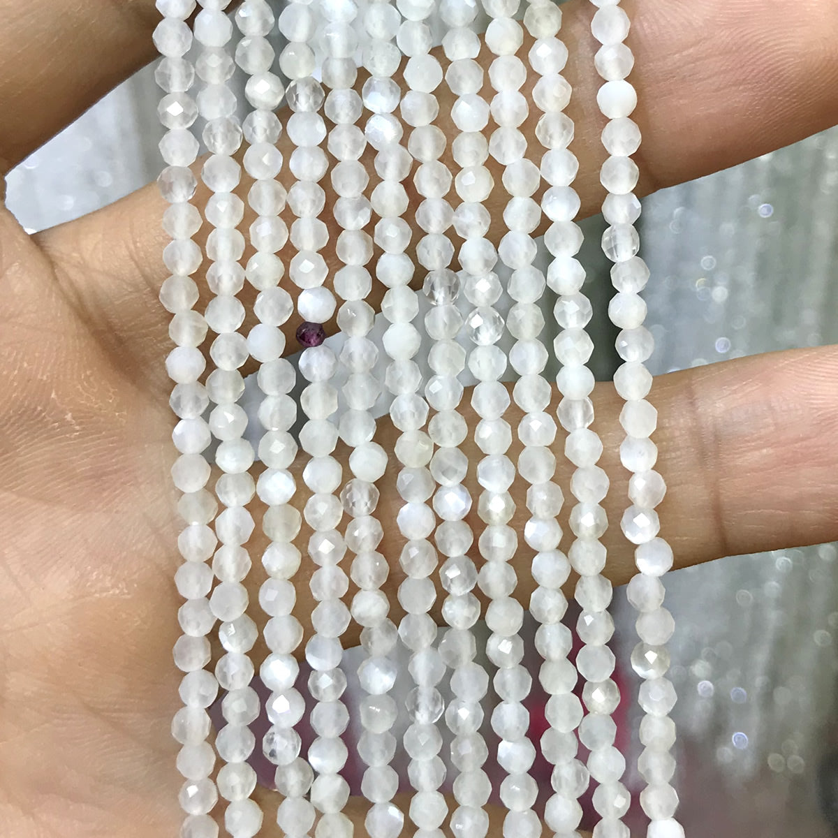 CTG200 White Moonstone Beads Faceted Round 3mm 15" Strand