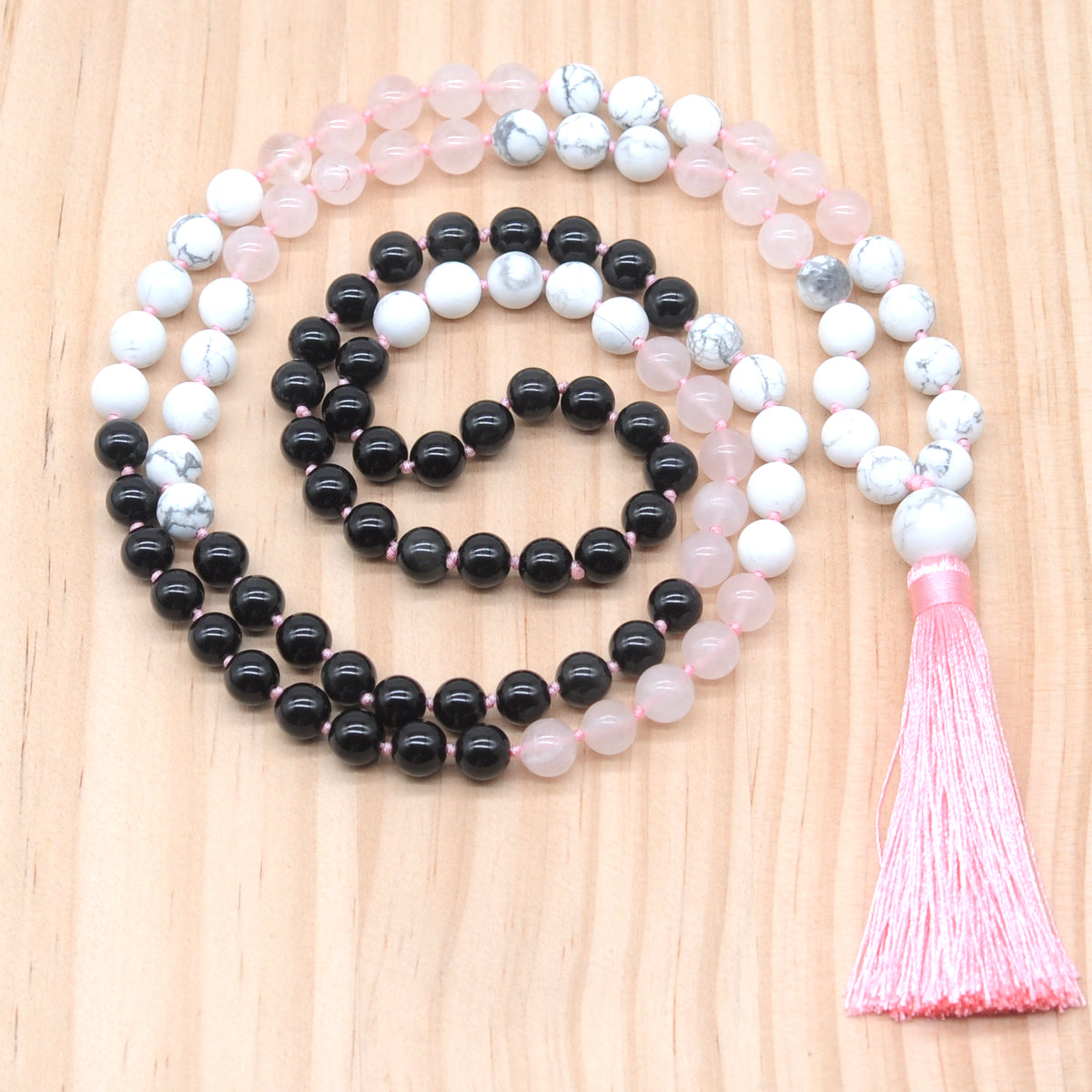 GMN383 Hand-Knotted Black Agate, Rose Quartz & White Howlite 108 Beads Mala Necklace