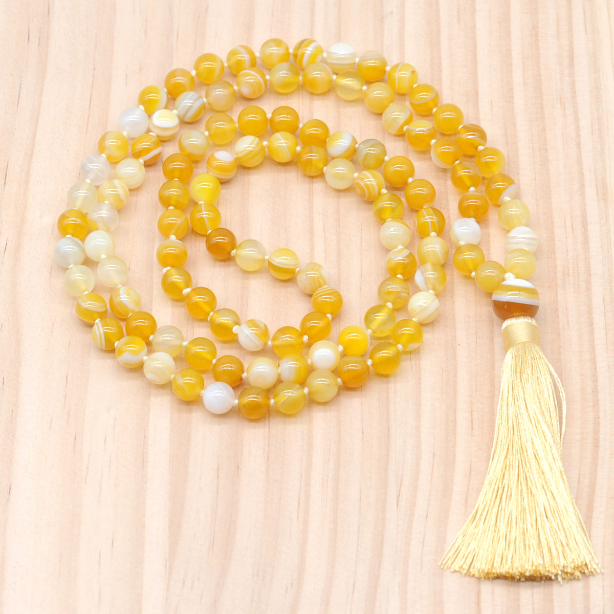 GMN119 Hand-Knotted Smooth Yellow Banded Agate 108 Beads Mala Necklace