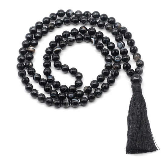 GMN124 Hand-Knotted Smooth Black Banded Agate 108 Beads Mala Necklace