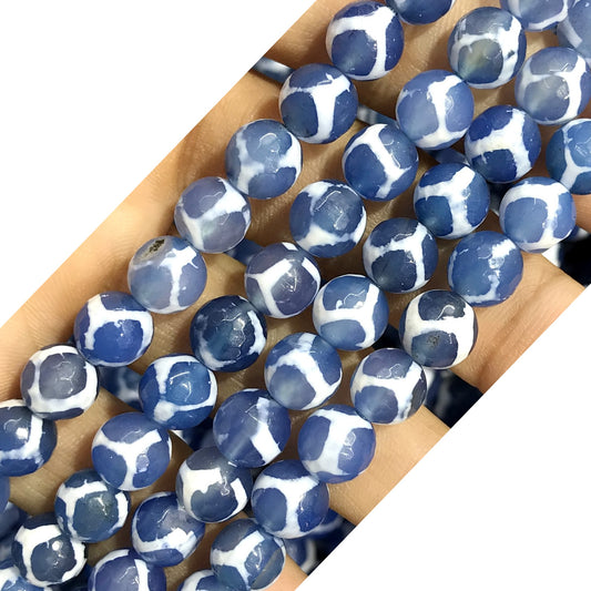 CAG471 Blue Tibetan Agate Beads Faceted Round 8mm 15" Strand