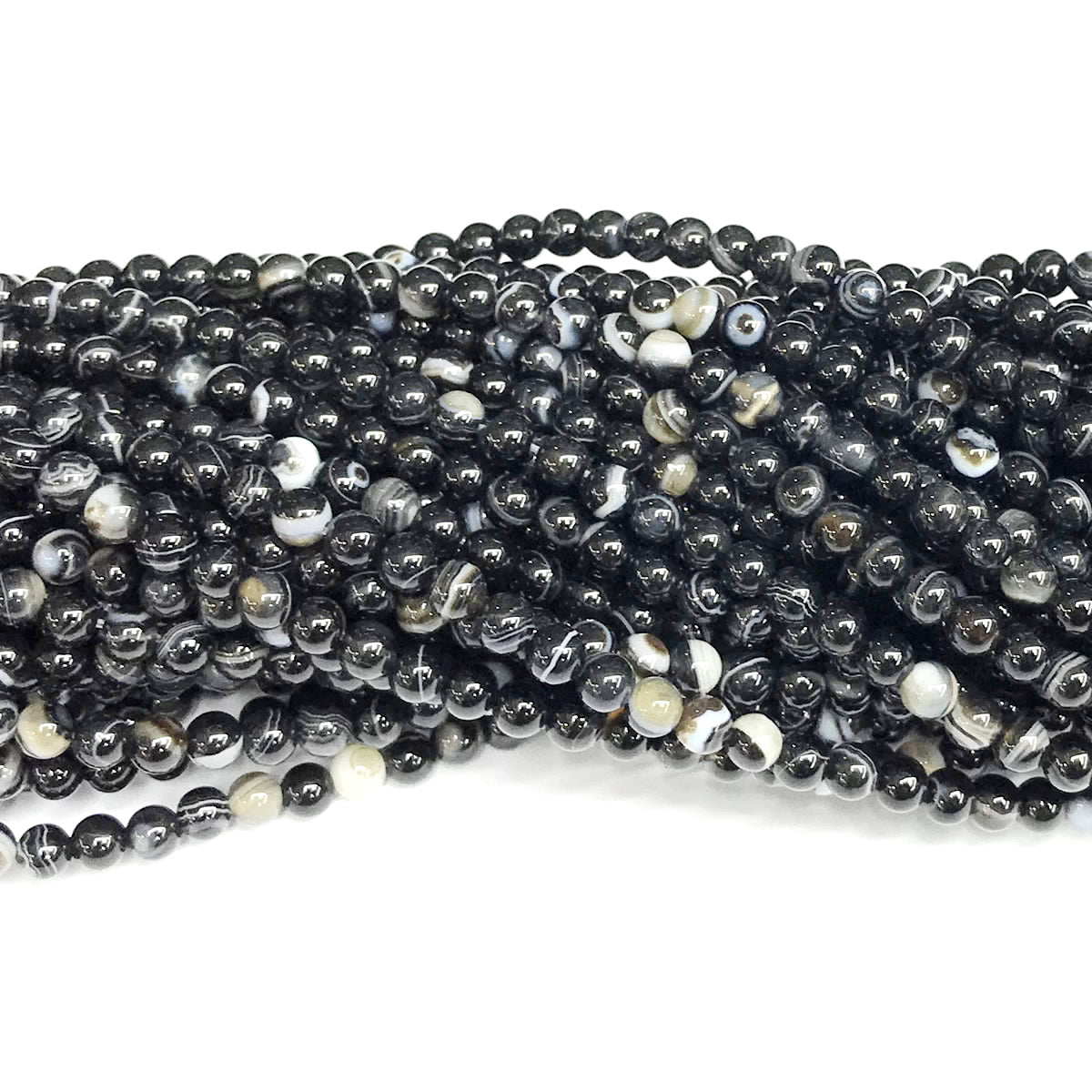 CAG475 Black Banded Agate Beads Smooth Round 4mm 15" Strand