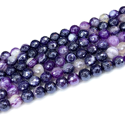 CAG811 Banded Agate Beads Electroplated Faceted Round 8mm 15" Strand