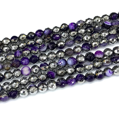 CAG870 Purple Banded Agate Beads Electroplated Faceted Round 6mm 15" Strand
