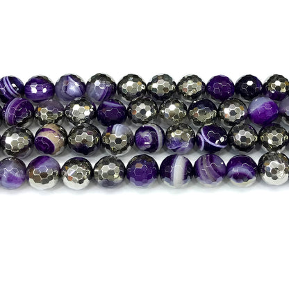 CAG873 Purple Banded Agate Beads Electroplated Faceted Round 12mm 15" Strand