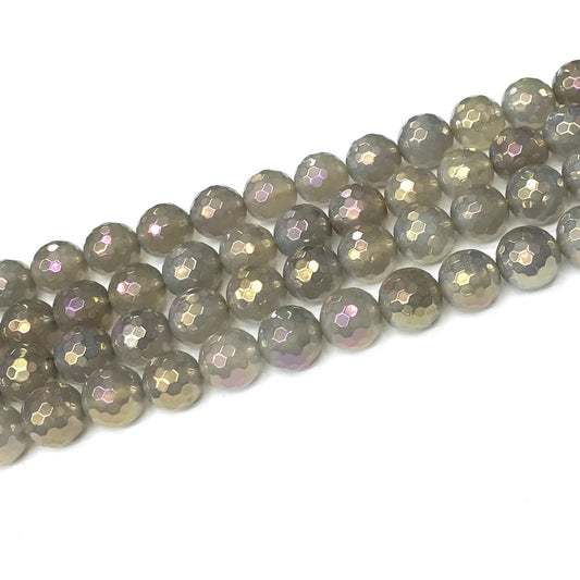 CAG942 Grey Agate Beads AB-Color Electroplated Faceted Round 10mm 15" Strand