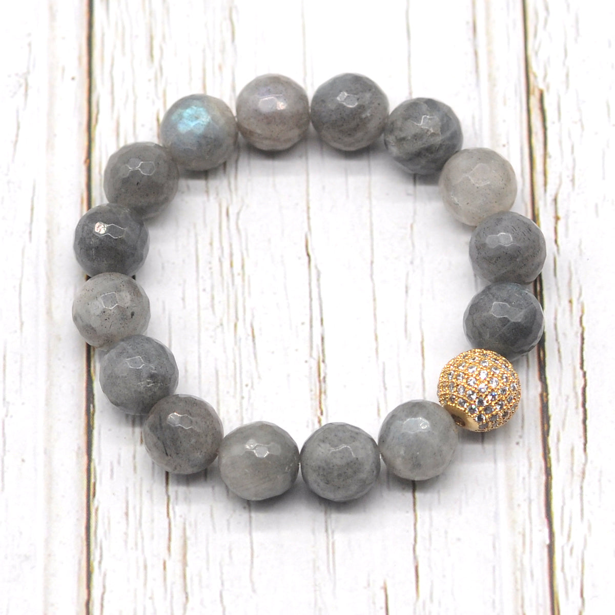 CGB217 Labradorite With Zircon Ball Stretch Bracelet Faceted Round 10mm 12mm