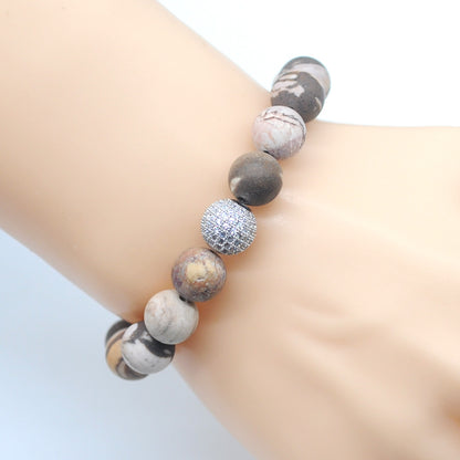 CGB265 Australian Zebra Jasper With Zircon Ball Stretch Bracelet Matte Round 10mm 12mm