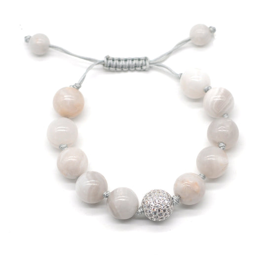 CGB652 White Crazy Lace Agate Adjustable Macrame Bracelet Round 12mm