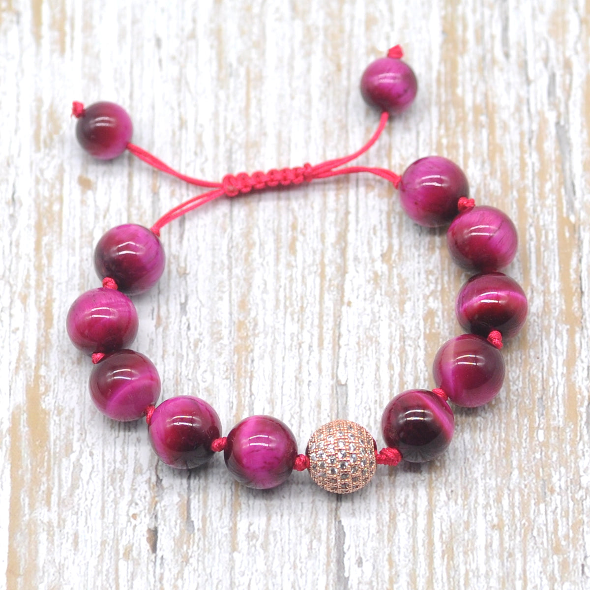 CGB685 Red Tiger Eye Adjustable Macrame Bracelet Round 12mm