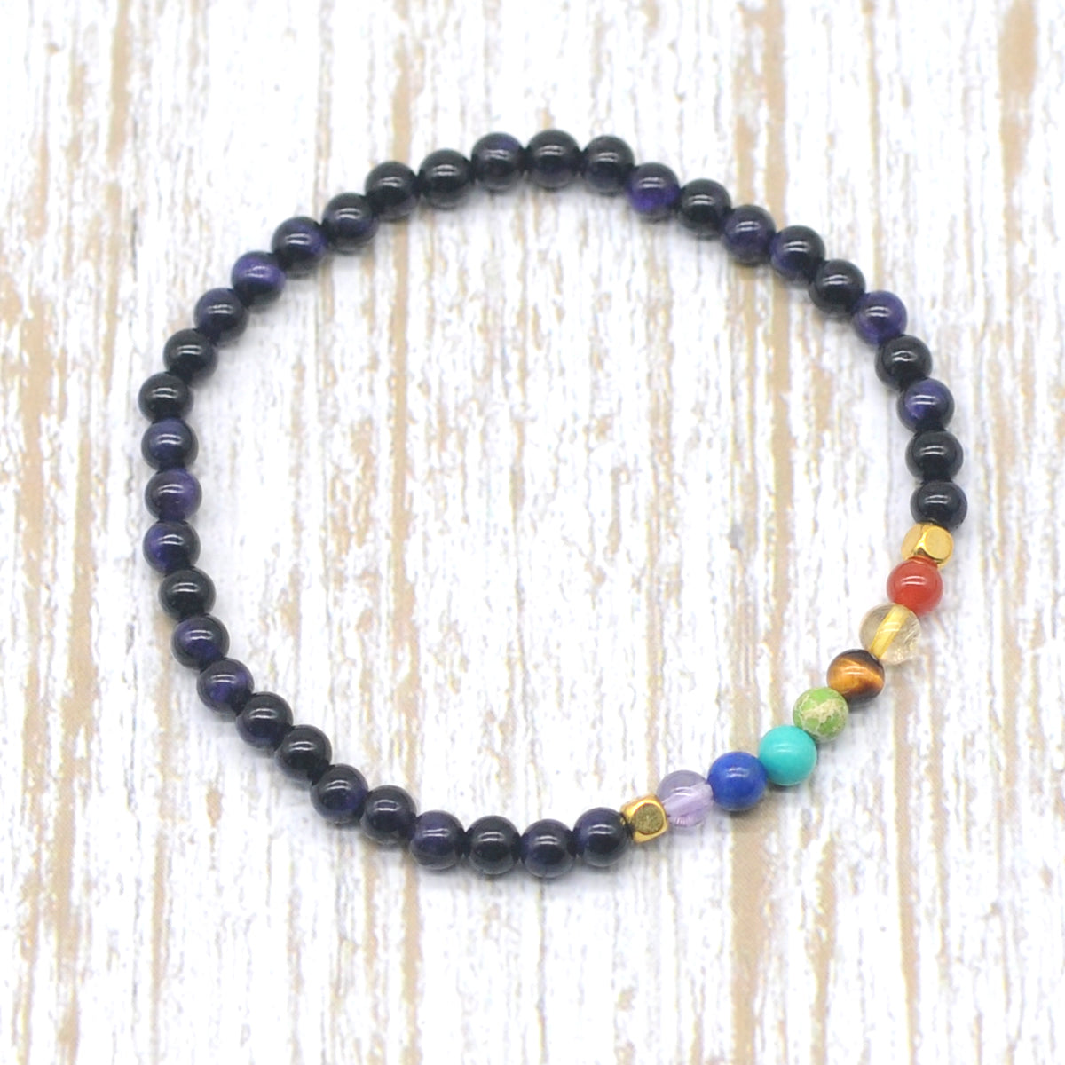CGB856 Purple Tiger Eye With 7 Chakra Stretch Bracelet Round 4mm