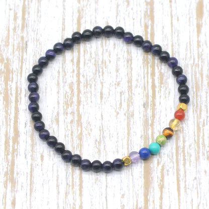 CGB856 Purple Tiger Eye With 7 Chakra Stretch Bracelet Round 4mm