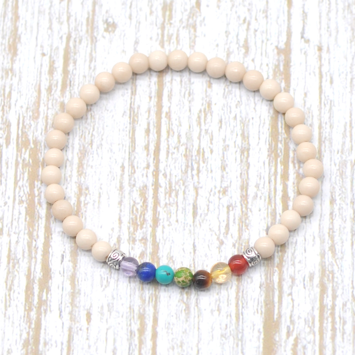 CGB915 White Fossil Jasper With 7 Chakra Stretch Bracelet Round 4mm