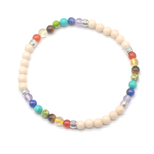 CGB968 White Fossil Jasper With 7 Chakra Stretch Bracelet Round 4mm
