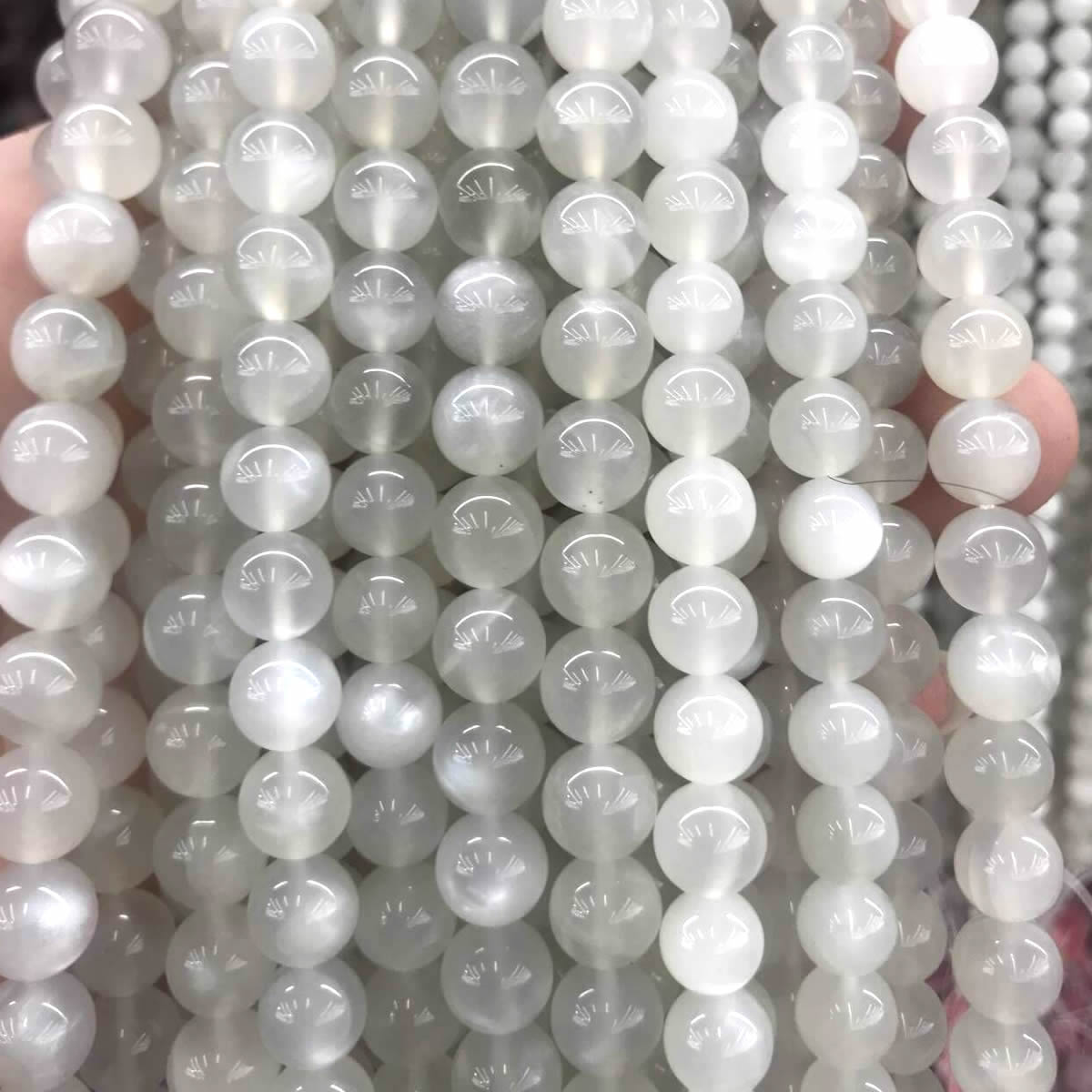 CMS117 White Moonstone Beads Smooth Round 10mm 15" Strand