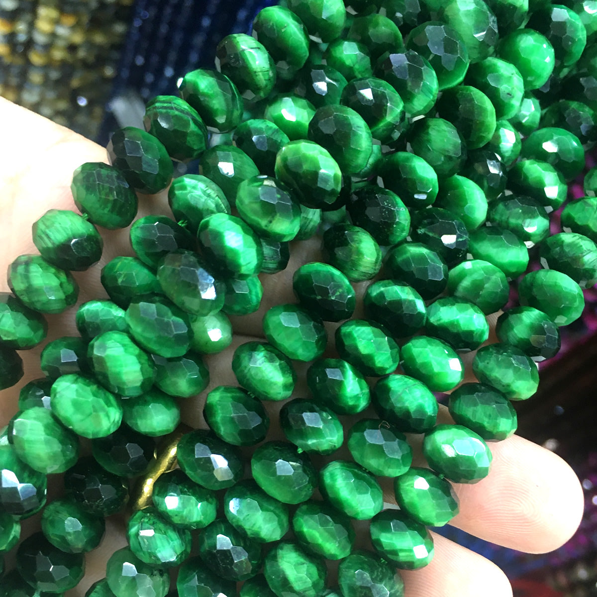 CTE244 Green Tiger Eye Beads Faceted Rondelle 6x10mm 15" Strand