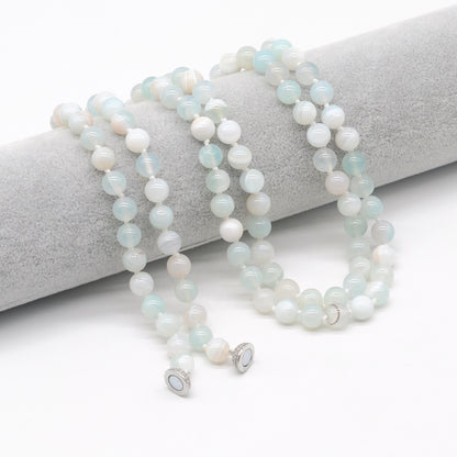 GMN254 Hand-Knotted Sea Blue Banded Agate Beaded Necklace 8mm 10mm