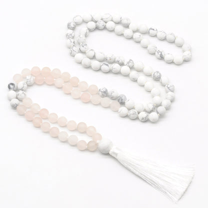 GMN359 Hand-Knotted Matte Rose Quartz & White Howlite 108 Beads Mala Necklace