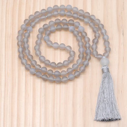 GMN06 Hand-Knotted Matte Grey Agate 108 Beads Mala Necklace