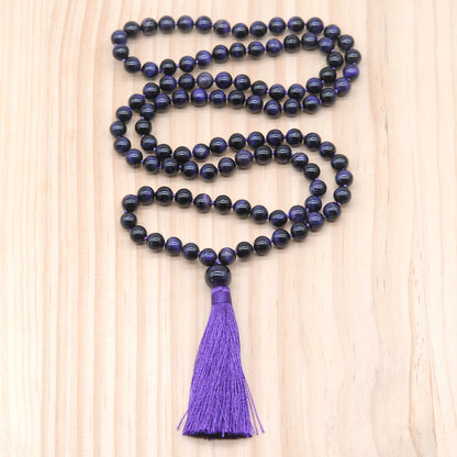 GMN109 Hand-Knotted Smooth Purple Tiger Eye 108 Beads Mala Necklace